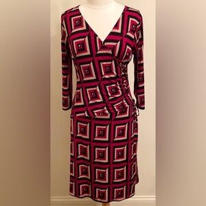 9 & Co Maroon Tan Geometric 10 Faux Wrap Retro Modern Career Chic Indie Dress